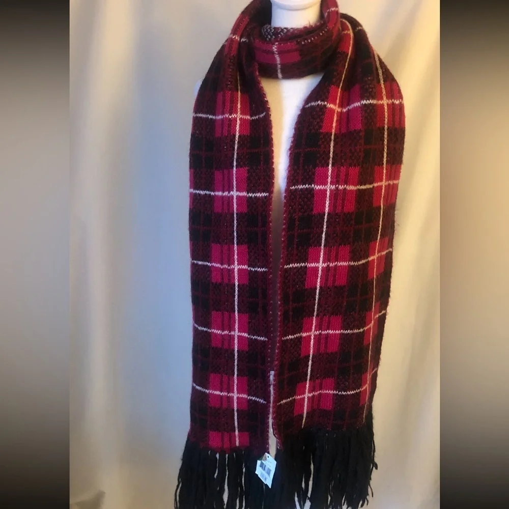 Kate Spade Woodland Plaid Knit Fringe Scarf | Pink Black Burgundy | NWT